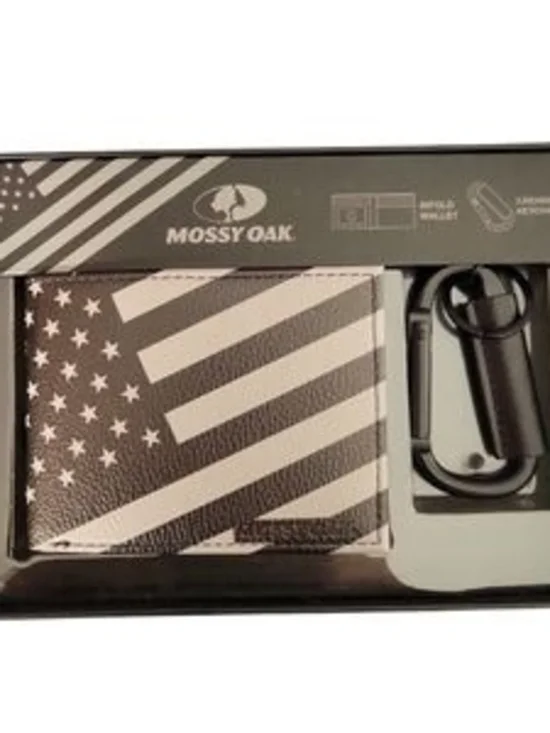 Mossy Oak Black and White American Flag Wallet with Keyring