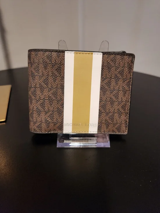 Michael Kors Signature Bifold Wallet in Brown with White & Yellow Stripe