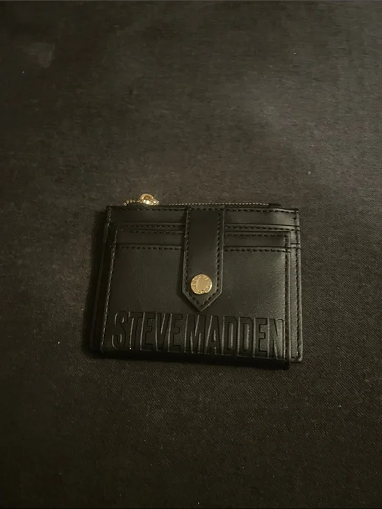Steve Madden Black Slim Leather Card Case with Gold Accent