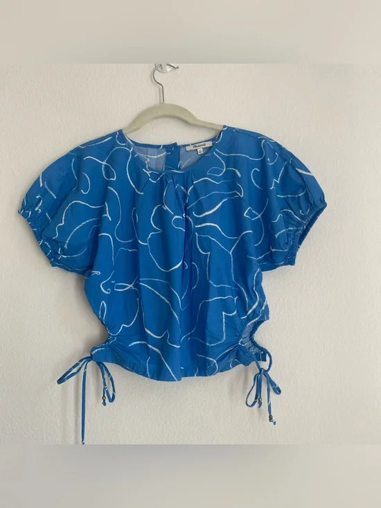 Madewell Poplin Puff-Sleeve Side Cutout Crop Top Blue White Size S