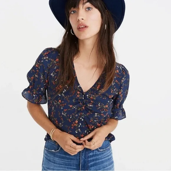 NWOT Madewell 100% silk navy floral puff sleeve blouse size 4 liberty