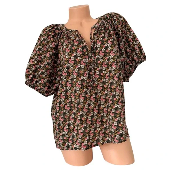 LOFT Olive Green Floral Puff Sleeve Split Tie Neck Cotton Blouse Size Medium