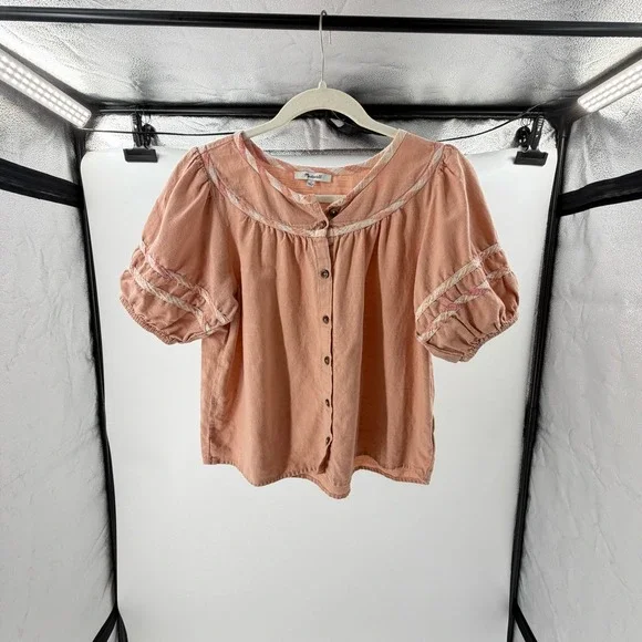 Madewell Milk Maid Peach Terracotta Cottagecore Puff Sleeve Button Front Top S