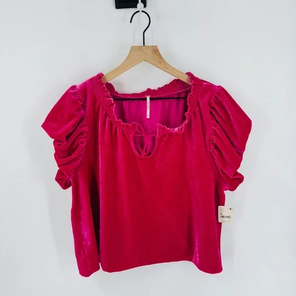 Free People Magenta Velvet Puff Sleeve Top NWT Size M Pink Smocked Boho Festival