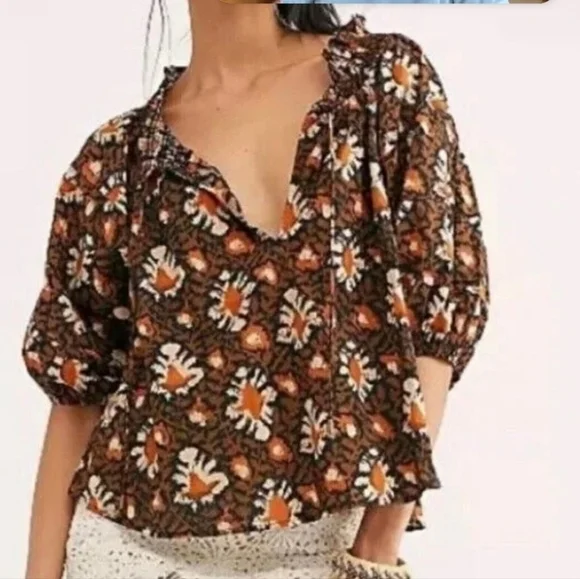 FREE People Willow Printed Peasant Blouse  Brown Orange Small Boho Bohemian 70s