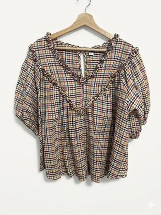 Old Navy Women’s Textured Plaid Ruffle-Trim Peasant Top XL