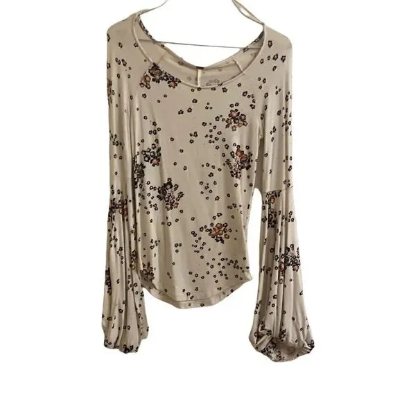 Free People To The Tropics Floral Top Puff Sleeves Ivory Small