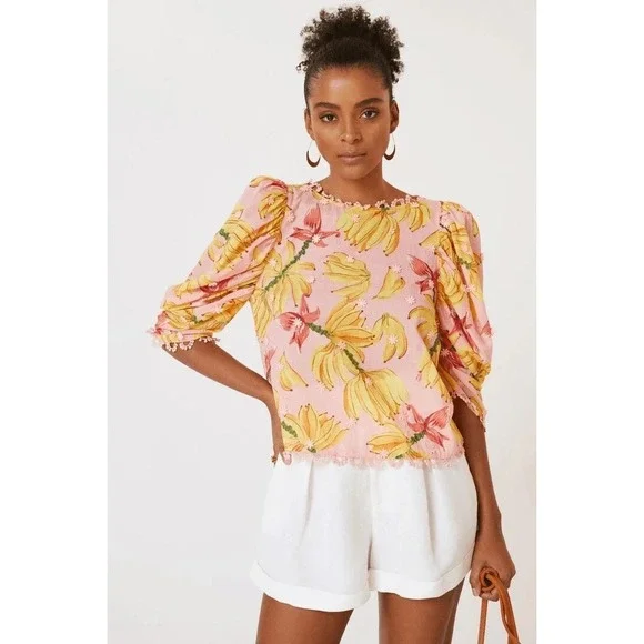 Farm Rio Banana Taste Puff Sleeve FLoral Applique Cotton Top Blouse S 6 4 2 Lace
