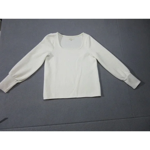 Madwell Top Womens Small White Puff Sleeve Ribbed Cuff Square Neck Stretch