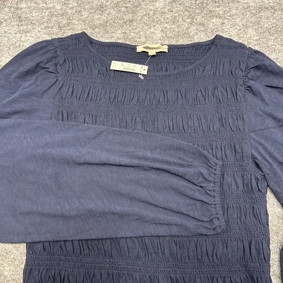NEW Madewell Smocked Boatneck Top‎ women's XS navy puff sleeves ruffle hem NY504