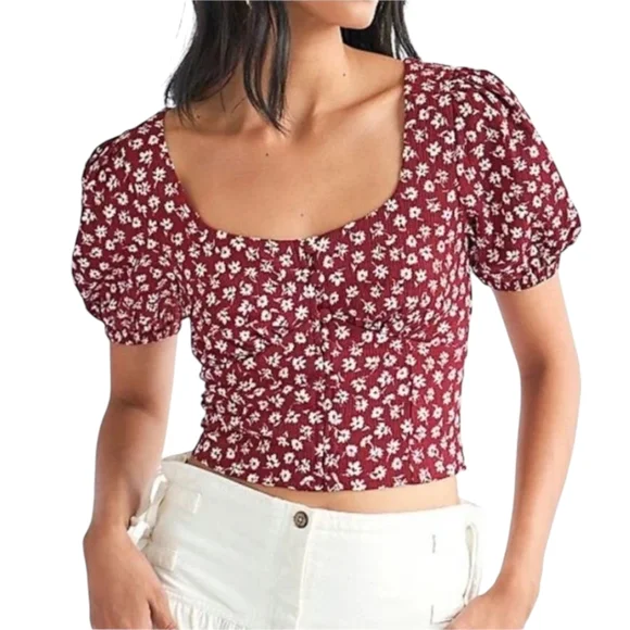 Free People Burgundy & White Ditsy Floral Crop Top Blouse | Size M | Boho Summer