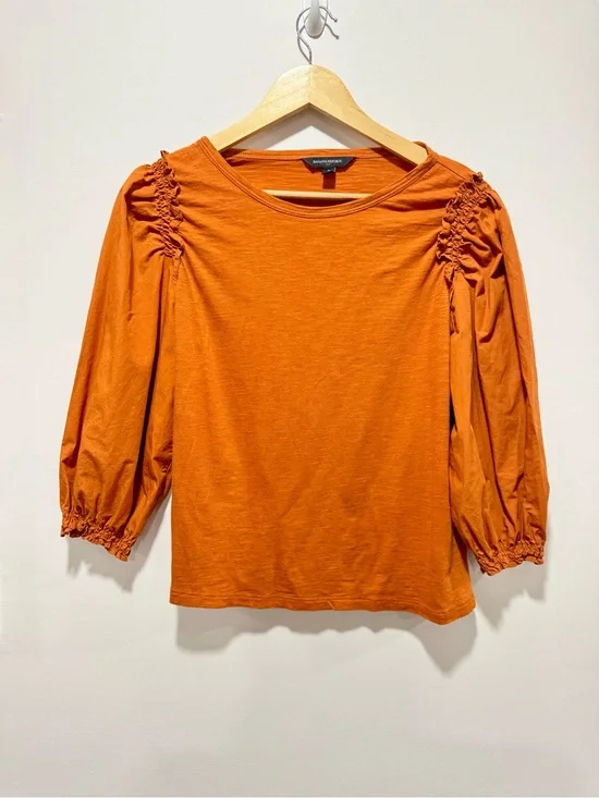 Banana Republic Rust Smocked Sleeve Puff Top Mixed Media Crew Neck Size S