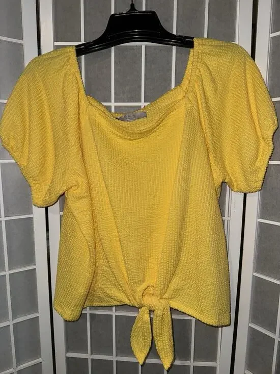 LOFT Women's Textured Puff Sleeve Tie Front Blouse Yellow XL Polyester Blend