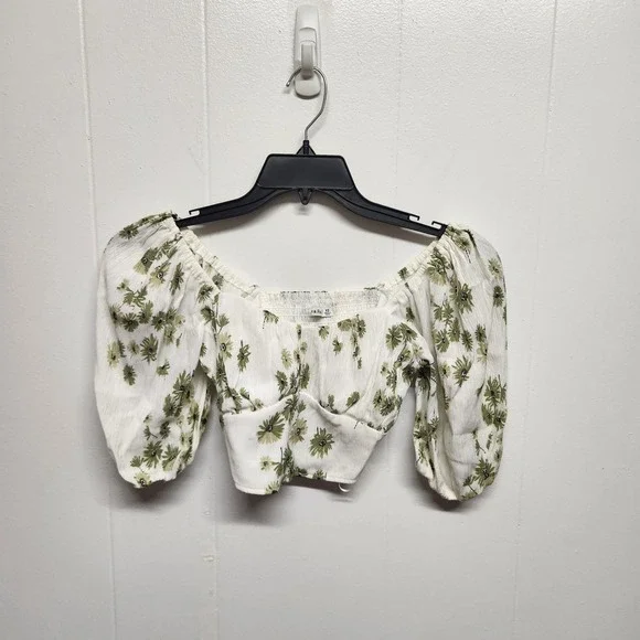 Abercrombie & Fitch Crop Blouse Womens XS White Floral Off Shoulder Puff Sleeve