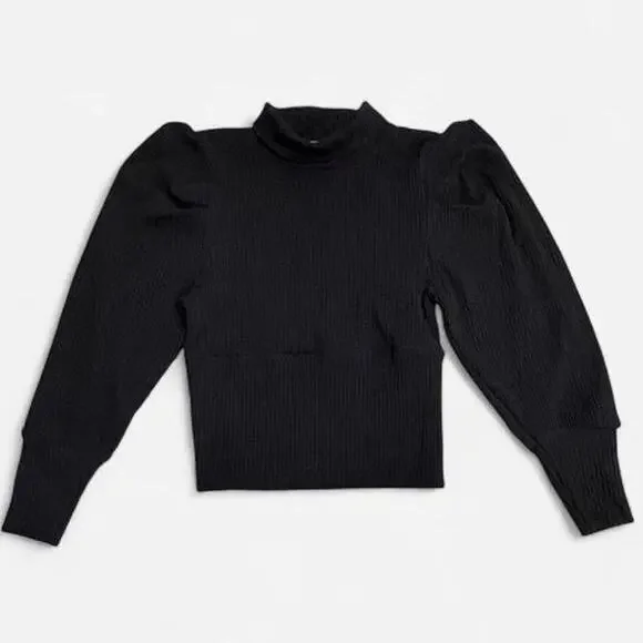 Free People Lala Puff Sleeve Cropped Top Sz S Black Ribbed Knit Turtleneck