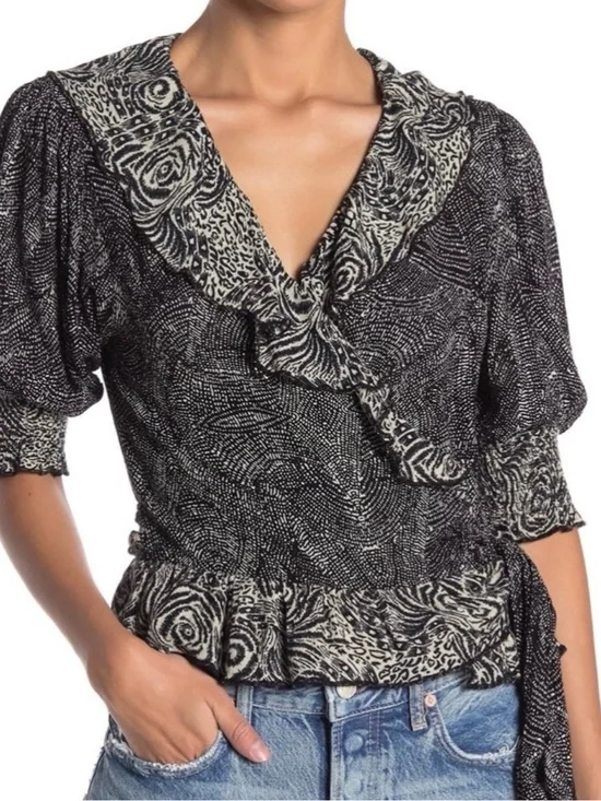 Free People Black and Cream Printed Ruffle V-Neck Blouse