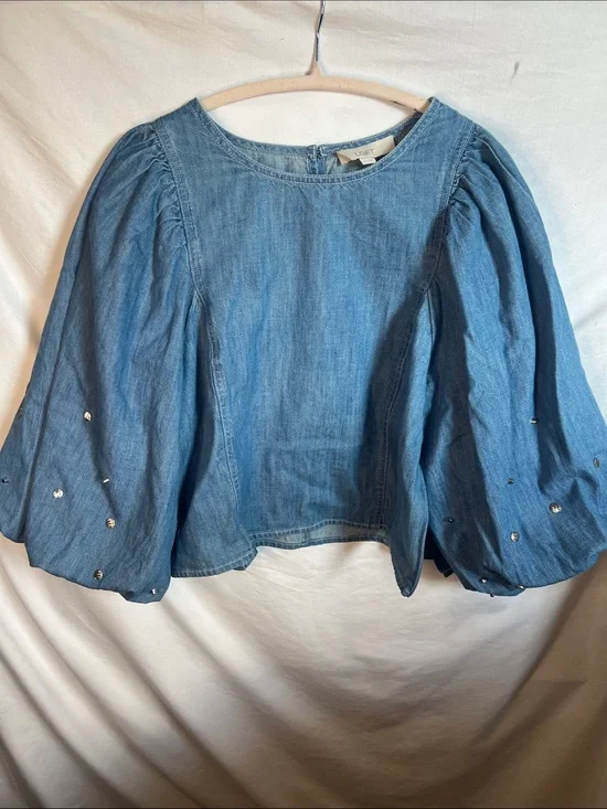 LOFT Light Blue Denim Puff-Sleeve Blouse with Sequin Detail