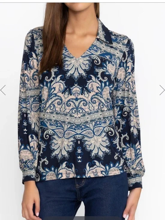 Johnny Was Janie Favorite Long Sleeve Puff Sleeve Polo NWT Small Roman Paisley