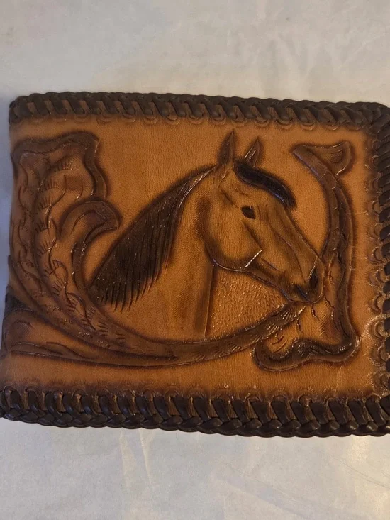 Tan Leather Horse Hand Tooled Wallet Tan Brown Western Cowboy