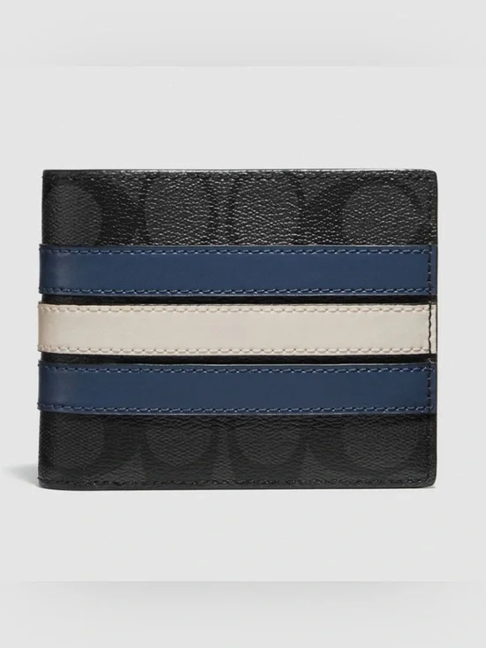 Coach Men’s Black Wallet with Blue and Cream Stripe Detail