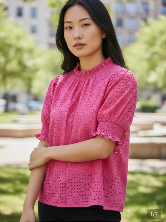 J. Crew Smocked Ruffle Puff Sleeve Top Eyelet Lace Size Small