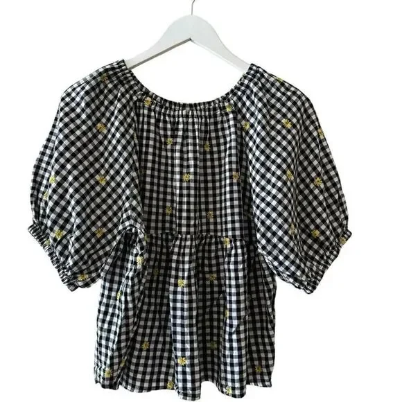 Old Navy puff sleeve black white sunflower embroidered gingham swing  SZ M #2160