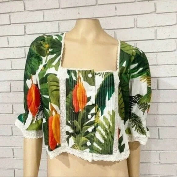 Farm‎ Rio Tropical Lace Trim Cocoa Forest Puff Sleeve Square Neck Top  | Size M