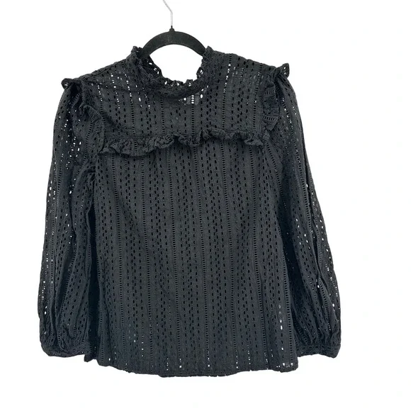 Madewell Eyelet Ruffle Blouse Women XS Black Cotton Pullover Tie Coquette Dainty