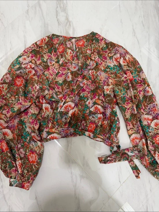 Free People Floral Tie-Waist Puff Sleeve Crop Top - Pink, Green & Brown