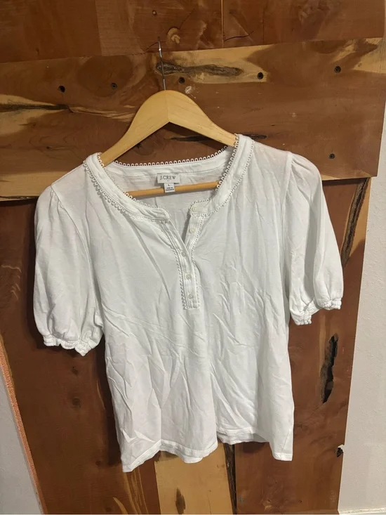 J. Crew Cream Puff Sleeve Henley Top with Lace Trim