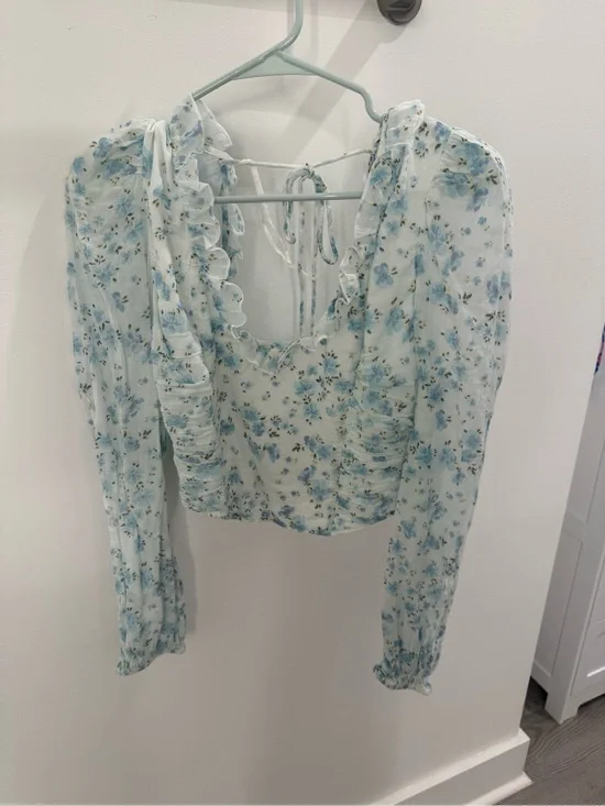 Free People Blue Floral Ruffle Tie-Back Crop Blouse