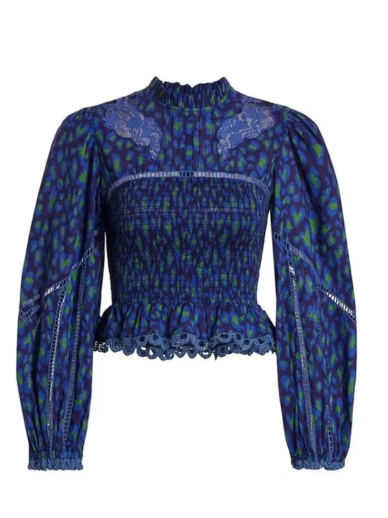 FARM Rio Pop Blue Leopard Smocked Long Puff Sleeve Blouse Size S