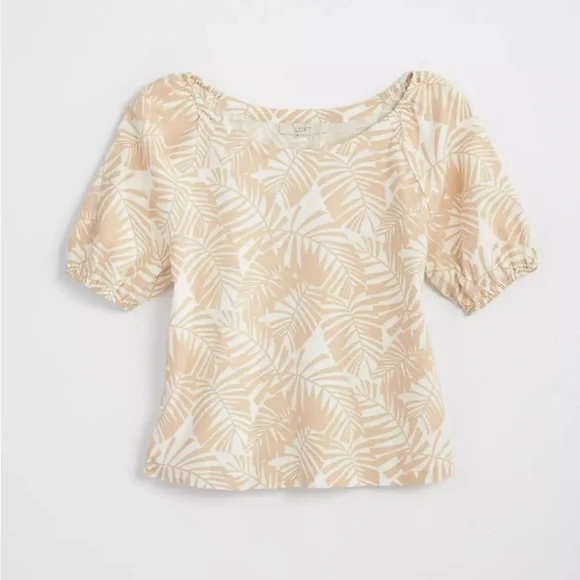LOFT Palm Puff Sleeve Top Women’s XL Neutral Linen Blend Tropical Coastal Beach
