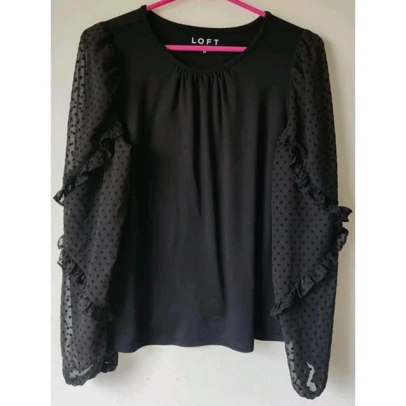 Loft Women's Velvet Dot Ruffle Sheer Sleeve Black Poly‎ Blend Pleat Front Size M