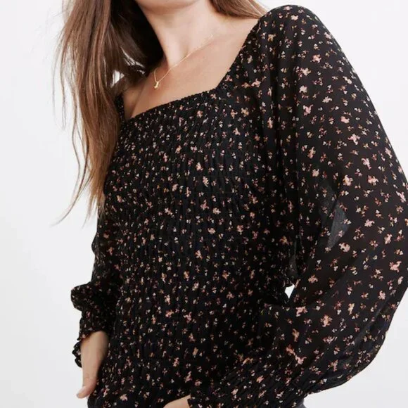 Madewell Black‎ Pink Floral Georgette Lucie Bubble Sleeve Smocked Top