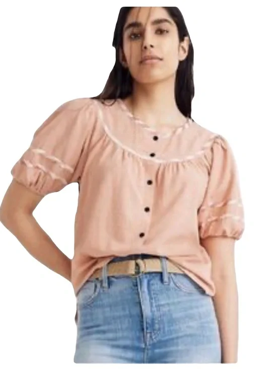 Madewell NWT pink plaid button up blouse with puff sleeves Size XS‎