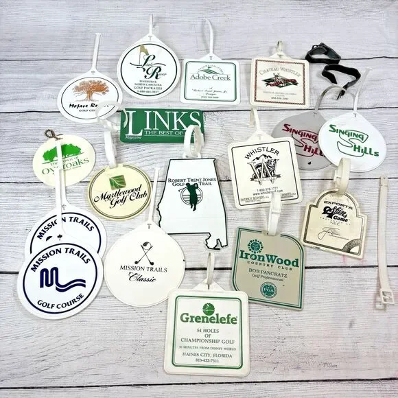 Vintage Golf Bag Tags Various Courses Lot 17 Plastic Whistler Nicklaus Adobe