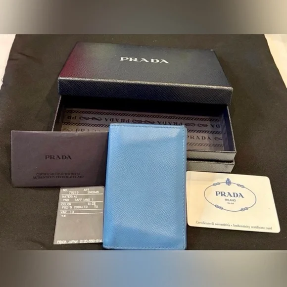 PRADA COBALT BLUE Vertical Saffiano Leather Cardholder w/Box and Cards.