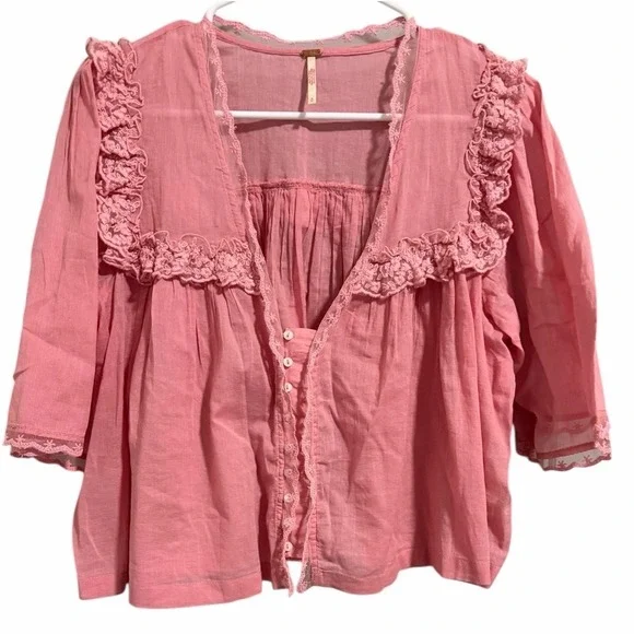 Free People Luna Top Mauve Glow Lace V-Neck Blouse Cropped‎ Women's Size Small