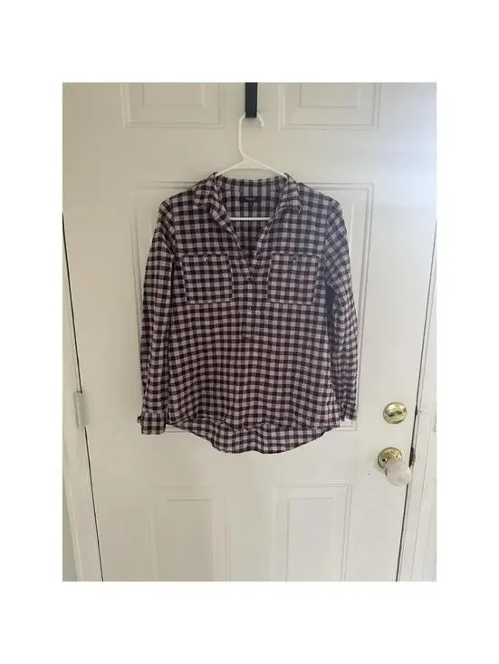Madewell Purple Gingham Plaid Square Neck‎ Puff Sleeve Blouse