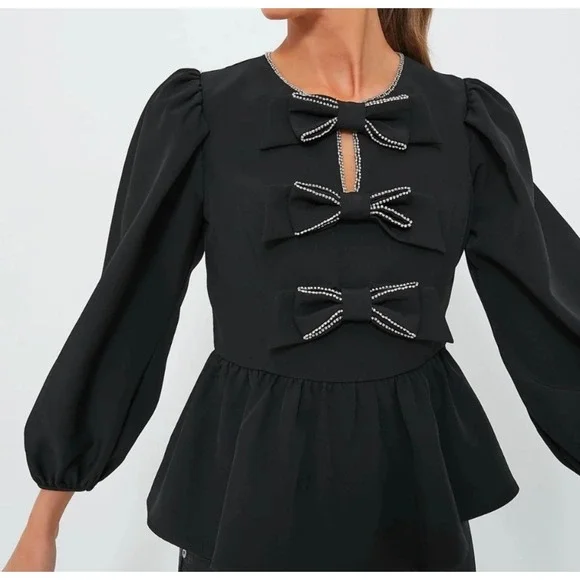 Tuckernuck Hyacinth House Blair Black Rhinestone Bow Long Sleeve Blouse Small‎