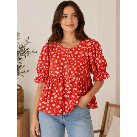 Madewell Puff-Sleeve Button-Front Top Womens Small Swiss Dot Happy Hibiscus