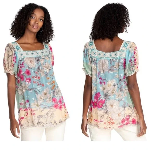 Johnny Was‎ Permint Padme Floral Embroidered Tunic S  Rayon Boho EUC