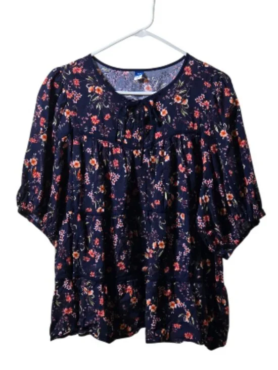 Old Navy XXL Navy Floral Boho Peasant Blouse Cotton Rayon Puff Sleeve Top