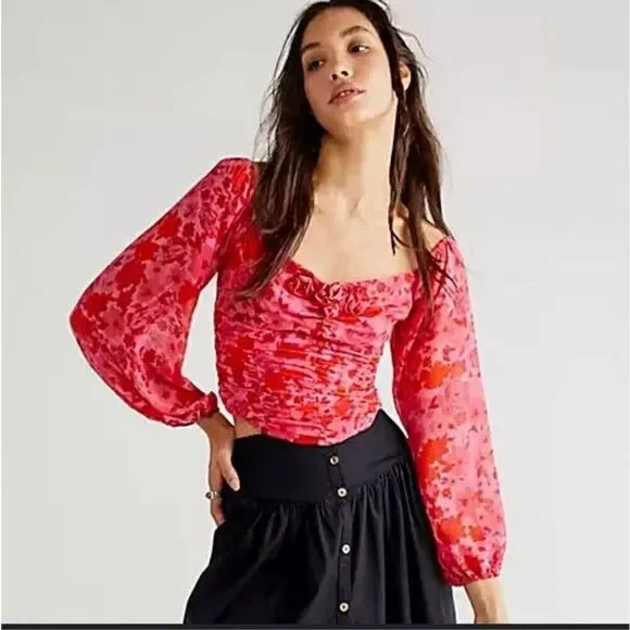 Free People Oh Lala Top Pink & Roses large