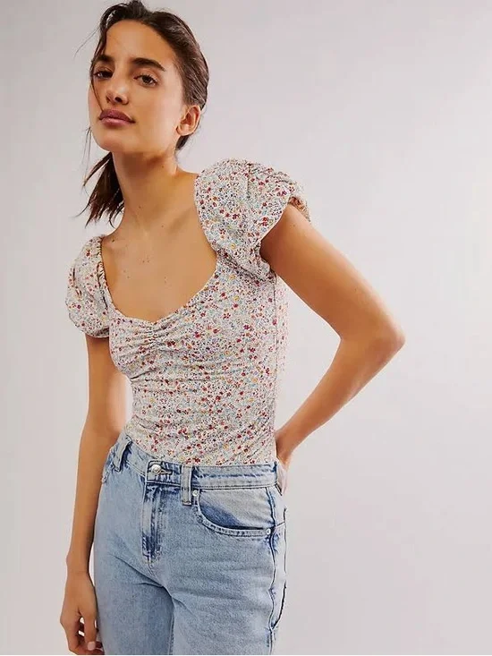 Free People Floral Puff-Sleeve Top - Fairy Cottagecore Bodysuit Brand New