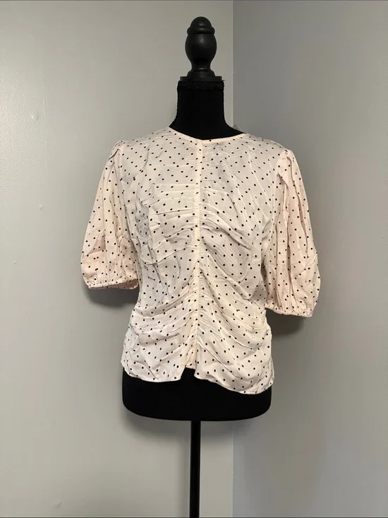 Aritzia Cream Polka Dot Ruched Puff Sleeve Blouse
