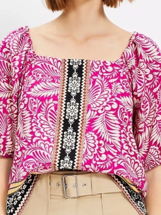 LOFT Fuchsia Palm Print Square-Neck Blouse with Contrast Center Panel Xl