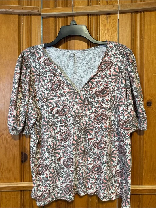 LOFT Paisley V-Neck Blouse in Coral and Gray