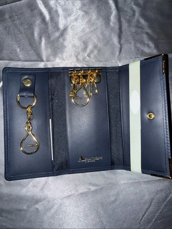 Aquascutum London Navy Leather Key Case with Cream Stripe and Gold Accents